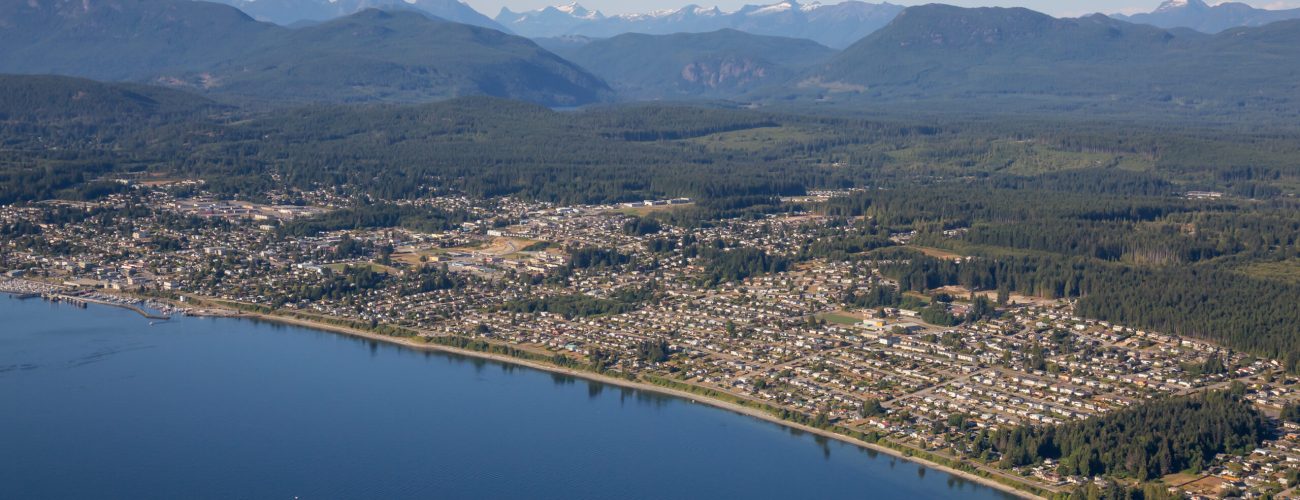 Aerial view of Powell River during a sunny summer day. Located in Sunshine Coast, BC, Canada.